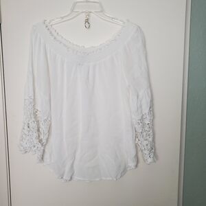 Studio West Women's White Gauzy Off Shoulder Cottagecore Lace Detail Top Sz Med